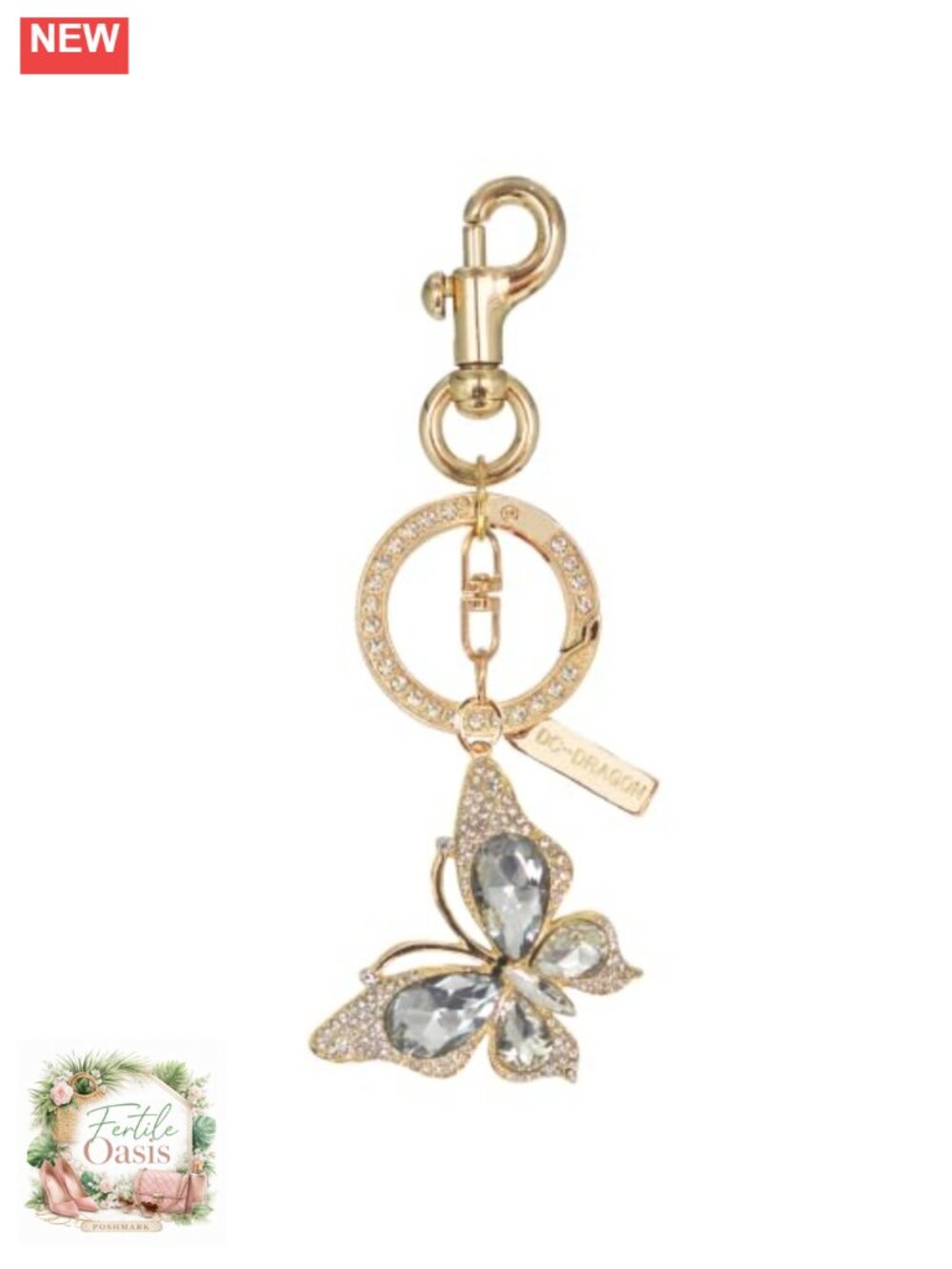 Rhinestone Butterfly Bag Charm Keychain Gold-Tone